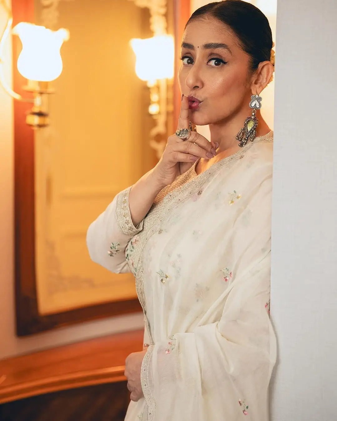 Bollywood Actress Manisha Koirala Stills in White Dress